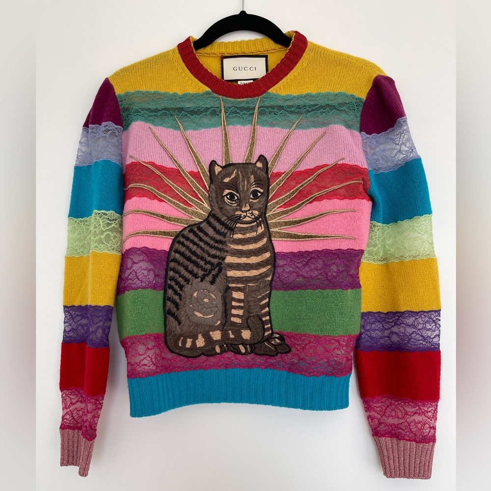 Gucci Runway Cat Appliqué Panelled Lace and Wool Sweater 124g12